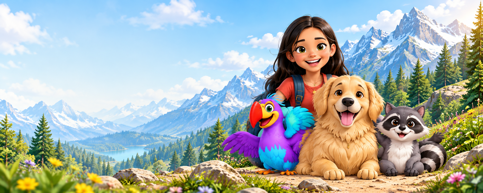 Charlene, Simba, Tobby y Doddy, los personajes de LGS Kids, en una aventura en la montaña.